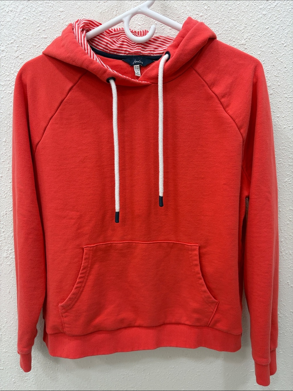 Joules Coral-Red Hooded Sweatshirt with Striped Lining